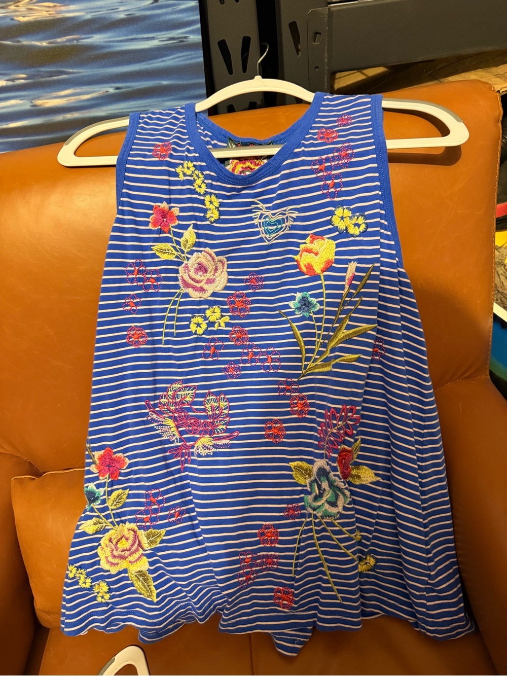 Johnny Was Blue Striped Floral Embroidered Tank